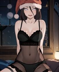 1girls ai_generated babydoll blush boruto:_naruto_next_generations bra brown_hair christmas christmas_headwear cleavage costemania curvaceous curvy curvy_body curvy_female curvy_figure facing_viewer female female_only front_view headwear hyuuga_hanabi light-skinned_female light_skin lingerie looking_at_viewer midriff nai_diffusion naruto naruto_(series) panties petite santa_hat see-through see-through_clothing sitting smile solo solo_focus spread_legs stable_diffusion underwear violet_eyes