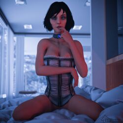 1female 1girl 1girls 3d akuguara bare_shoulders bed bedroom bioshock bioshock_infinite blue_eyes bottomless brown_hair busty choker cleavage corset elizabeth_comstock female female_focus female_only hourglass_figure kneeling on_bed short_hair solo solo_female solo_focus tagme wide_hips