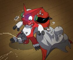 argon_vile balls bandai_namco bodily_fluids cloak clothing cum cumshot digimon digimon_(species) duo ejaculation erection erection_under_clothing eyeball genital_fluids genitals ghost handjob hi_res hood male male/male masturbation orgasm penile penis phantomon phasing phasing_through_another reach_around red_body robe scalie scared selective_corporeality sex shadowed_face shocked shoutmon skull_symbol spirit sweat wide_eyed