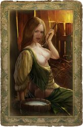 ass barn breasts breasts_out brown_hair bucket_of_milk cd_projekt_red holding_ladle long_brown_hair long_hair peasant peasant_woman peasant_woman_(the_witcher) pouring_milk pouring_on_breasts pouring_on_self the_witcher the_witcher_(series)