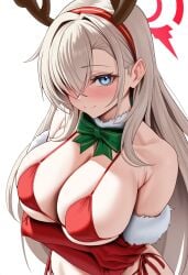 ai_generated alternate_costume animal_ears antlers arm_under_breasts armpit_crease arms_under_breasts asuna_(blue_archive) asymmetrical_bangs bangs bare_shoulders bell bikini blonde_hair blue_archive blue_eyes blush bow bowtie breast_hold breasts choker christmas cleaning_&_clearing_(blue_archive) cleavage closed_mouth collar collarbone covered_nipples cowboy_shot crossed_arms detached_collar detached_sleeves elbow_gloves eyes_visible_through_hair fake_animal_ears female from_above fur-trimmed_gloves fur_collar fur_trim gloves green_bow green_bowtie green_ribbons grey_hair hair_over_one_eye hairband halo halterneck highleg holding_own_arm huge_breasts komorebi_p large_breasts light_brown_hair long_bangs long_hair looking_at_viewer micro_bikini millennium_science_school_student mole mole_on_breast navel neck_bell neck_ribbon one_eye_covered raised_eyebrows red_bikini red_gloves ribbon santa_bikini santa_costume self_upload side-tie_bikini_bottom sideboob sidelocks simple_background skindentation smile solo standing stomach straight_hair strap_gap string_bikini sweat swept_bangs swimsuit thighs underboob underwear upper_body very_long_hair white_background white_hair