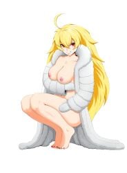 1girls blonde_female blonde_hair brown_hair fur_coat long_hair long_hair_female mr.icy nipple_piercing nude_female pose posing red_eyes rwby winter_coat yang_xiao_long