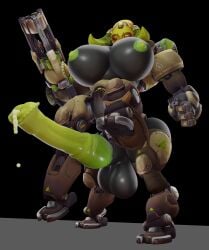 1futa 3d arm_cannon black_background breasts centaur futa_only futanari horns horsecock huge_balls huge_cock low-angle_view orisa overwatch quadruped reptilligator robot robot_girl solo yellow_eyes