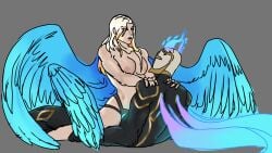 1boy 1girls 2d angel angel_wings crack_ship crossover female gabriel_(ultrakill) hexstrap imminent_penetration imminent_sex implied_penetration implied_sex kayle lazy_tags league_of_legends male no_penetration riot_games simple_background straight strap-on ultrakill