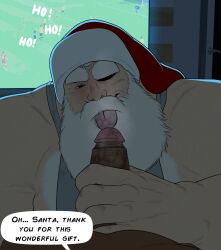 2021 2boys bara barazoku beard big_penis christmas christmas_clothing dialogue english_text erection facial_hair gay hairy hard_on holidays male male/male male_focus male_only manly maychin muscular_male paultazdevil penis santa_claus santa_costume solo_male text white_beard white_hair yaoi