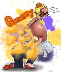 2girls alternate_version_available angry ass ass_on_face big_ass big_butt bottomless bubble_ass dark-skinned_female deep_cut_(splatoon) facefart fart fart_cloud fart_fetish farting farting_in_face farting_on_face female female_only frye_(splatoon) gas inkling multiple_girls octoling pants_down shiver_(splatoon) sitting_on_face splatoon splatoon_3 stinky talking text zaemonbrap