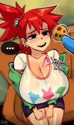 bloo blue_eyes blush breasts cleavage ear_piercing foster's_home_for_imaginary_friends frankie_foster gerph huge_breasts open_mouth ponytail prostitution red_hair short_hair shorts sweat t-shirt text thick_thighs thighs tomboy