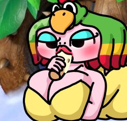 anthro background big_breasts bird blowjob blush blushing clothed clothing cum cum_in_mouth dick_sucking_lips disembodied_penis eyelids fellatio holding_penis legokoopa_(artist) lying mario mario_(series) pink_skin queen_valentina self_upload super_mario_rpg super_mario_rpg_remake thick_thighs yellow_dress