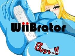 bodysuit female female_only human metroid nintendo samus_aran solo text vibrator wii wiimote zero_suit zero_suit_samus