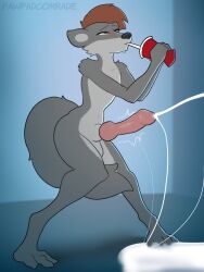 2022 balls blue_background brown_eyes brown_hair canine cum cum_juice cum_on_floor cumshot furry gray_body gray_fur gray_hair grey_body grey_fur grey_hair neil_walker_(pawpadcomrade) original original_character pawpadcomrade penis short_hair wolf