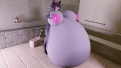 ahe_gao anthro bathroom belly blender_(software) bovid bovine breasts coolboy01fa hair herm hi_res holding_breast hose hose_inflation inflation intersex jazzie_grei looking_pleasured mammal nipples nude penetration pink_nipples purple_body purple_hair solo water_inflation