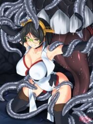 abyssal_ship adapted_costume black_gloves black_hair black_thighhighs bodysuit breasts clenched_teeth elbow_gloves enemy_naval_mine_(kantai_collection) female glasses gloves green-framed_eyewear grey_eyes hairband headgear highres impossible_bodysuit impossible_clothes kantai_collection kirishima_(kantai_collection) kirishima_kai_ni_(kantai_collection) koutarou_(plusdrive) large_breasts leotard_lift purple_bodysuit restrained short_hair skin_tight taimanin_(series) taimanin_suit teeth tentacle thighhighs