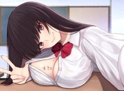 black_hair blush body_writing breasts brown_eyes cleavage closed_mouth cocq_taichou collared_shirt dress_shirt female head_tilt large_breasts long_hair long_sleeves looking_at_viewer mole mole_on_breast open_clothes open_shirt original outstretched_arm shirt smile white_shirt