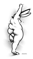 absurd_res anthro arched_back ass back_fat backsack ball_squish balls big_butt charcoal_(artwork) claws cleft_tail closed_eyes feet genitals head_down heart_symbol hi_res lagomorph leporid long_ears love_handles male mammal monochrome motion_lines paws rabbit raised_arm raised_leg rear_view shadow simple_background slightly_chubby solo squish stretching tail text thick_thighs tiptoes torartlol traditional_media_(artwork) wide_hips