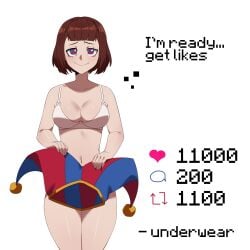 1girls 2d 2d_(artwork) 5_fingers absurd_res ass bangs bare_arms bare_back bare_legs bare_midriff bare_shoulders bare_thighs big_ass big_breasts big_butt blush blush_lines bottomwear bottomwear_down bra breasts brown_hair bubble_ass bubble_butt cheek_markings clothes clothing clown clown_girl clown_makeup curvaceous curvy curvy_female curvy_figure dat_ass digital_drawing_(artwork) digital_media_(artwork) english_text exposed exposed_shoulders eyebrows eyebrows_raised eyelashes facing_viewer fashik fat_ass female female_only fit fit_female front_view glistening glistening_body gloves gloves_removed handwear hat hat_removed headgear headwear hi_res hips holding_hat hourglass_figure human human_only humanoid jester jester_hat leg_lift light-skinned_female light_skin looking_at_viewer makeup mascara medium_breasts medium_hair multicolored_eyes narrowed_eyes navel nervous nervous_smile pale-skinned_female pale_skin panties partially_clothed partially_clothed_female pomni_(the_amazing_digital_circus) pose posing raised_eyebrows raised_leg rosy_cheeks seductive seductive_eyes seductive_look seductive_smile shiny shiny_breasts shiny_hair shiny_skin shirt_removed shorts shorts_around_one_leg shorts_down shorts_removed shoulder_pads simple_background slim_waist smooth_skin solo solo_female standing standing_on_one_leg strip_game striped_clothing stripping talking talking_to_viewer text the_amazing_digital_circus thick_thighs thigh_gap thighs topwear underwear undressing upper_body white_background white_bra white_panties white_underwear wide_hips wrist_cuffs