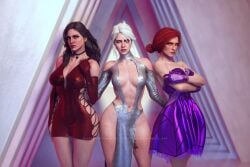 3d 3girls black_hair ciri clothing female gnome02 nome02 red_hair the_witcher_(series) the_witcher_3:_wild_hunt triss_merigold white_hair yennefer