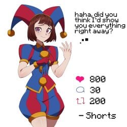 1girls 2d 2d_(artwork) 5_fingers absurd_res ass bangs bare_arms bare_legs big_ass big_breasts big_butt blush blush_lines bottomwear breasts brown_hair bubble_ass bubble_butt cheek_markings clothed clothed_female clothes clown clown_girl clown_makeup curvaceous curvy curvy_female curvy_figure dat_ass digital_drawing_(artwork) digital_media_(artwork) english_text eyebrows eyebrows_raised eyelashes facing_viewer fashik fat_ass female female_only fit fit_female front_view glistening glistening_body gloves gloves_removed handwear hat headgear headwear hi_res hips hourglass_figure human human_only humanoid jester jester_hat jester_outfit light-skinned_female light_skin looking_at_viewer makeup mascara medium_breasts medium_hair multicolored_eyes pale-skinned_female pale_skin pomni_(the_amazing_digital_circus) pose posing raised_eyebrows rosy_cheeks seductive seductive_eyes seductive_look shiny shiny_hair shiny_skin shirt shorts shoulder_pads simple_background slim_waist smile smiling smiling_at_viewer solo solo_female standing strip_game striped_clothing stripping talking talking_to_viewer text the_amazing_digital_circus thick_thighs thigh_gap thighs topwear undressing upper_body white_background wide_hips wrist_cuffs