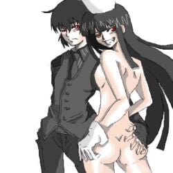 1boy 1girls alucard ass ass_grab back back_view bangs blunt_bangs blush breasts butt_crack canon_genderswap clothed clothed_male_nude_female collared_shirt cowboy_shot duo female fingerless_gloves girlycard gloves hair_between_eyes hat hellsing hellsing:_the_dawn hikora long_hair looking_at_viewer male naughty_face necktie nude pants red_eyes rule_63 shiny_skin sidelocks simple_background small_breasts smile straight suit vampire very_long_hair vest white_background young_walter