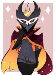 absurd_res anthro avian beak bird cloak clothed clothing crown demon femboy girly gloves grey_body handwear helluva_boss hi_res legwear looking_at_viewer male navel owl owl_demon paimon_(helluva_boss) panties penis penis_base red_eyes solo standing thighhighs underwear zinzoa