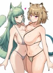 2024 2girls animal_ear_fluff animal_ears arknights belly belly_button big_breasts big_thighs bikini black_nails blonde_hair blush bra breast_press breasts breasts_pressed_against_partner breasts_pressed_together busty cat_ears cat_girl cat_tail cleavage closed_smile collarbone curvaceous curvy cute enormous_breasts enormous_thighs fang fangsod fluffy fluffy_ears fluffy_tail giant_breasts gigantic_breasts green_eyes green_hair hairclip harmonie_(arknights) heart hi_res hips huge_breasts huge_thighs kemonomimi large_breasts large_thighs legs light-skinned_female light_skin lizard_tail long_hair looking_at_viewer massive_breasts massive_thighs midriff nail_polish naughty_face naughty_smile navel nue pov pov_eye_contact purple_eyes seductive seductive_eyes seductive_gaze seductive_look seductive_mouth seductive_pose seductive_smile shiny_breasts shiny_legs shiny_skin short_hair simple_background simple_shading slit_pupils smile smug smug_face stomach striped_bikini sweat sweatdrop tail thick_legs underwear utage_(arknights) very_long_hair voluptuous waist wasp_waist white_background wide_hips wide_thighs