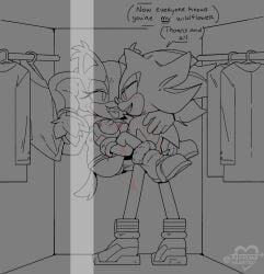 anthro arrow_hearted badger bite_mark boots breasts bruised carrying_another carrying_partner closet clothing dialogue duo eulipotyphlan female footwear genitals hedgehog hi_res male male/female mammal mustelid musteline penis scratches sega shadow_the_hedgehog sonic_(series) sonic_boom sonic_the_hedgehog_(series) speech_bubble sticks_the_badger tongue tongue_out