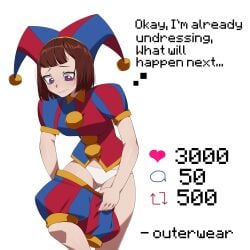 1girls 2d 2d_(artwork) 5_fingers absurd_res ass bangs bare_arms bare_legs bare_thighs big_ass big_breasts big_butt blush blush_lines bottomwear bottomwear_down breasts brown_hair bubble_ass bubble_butt cheek_markings clothed clothed_female clothes clown clown_girl clown_makeup curvaceous curvy curvy_female curvy_figure dat_ass digital_drawing_(artwork) digital_media_(artwork) english_text eyebrows eyebrows_raised eyelashes facing_viewer fashik fat_ass female female_only fit fit_female front_view glistening glistening_body gloves gloves_removed handwear hat headgear headwear hi_res hips hourglass_figure human human_only humanoid jester jester_hat jester_outfit leg_lift light-skinned_female light_skin looking_down makeup mascara medium_breasts medium_hair multicolored_eyes pale-skinned_female pale_skin panties pomni_(the_amazing_digital_circus) pose posing raised_eyebrows raised_leg rosy_cheeks seductive seductive_eyes seductive_look shiny shiny_hair shiny_skin shirt shorts shorts_around_one_leg shorts_down shorts_removed shoulder_pads simple_background slim_waist solo solo_female standing standing_on_one_leg strip_game striped_clothing stripping talking talking_to_viewer text the_amazing_digital_circus thick_thighs thigh_gap thighs topwear underwear undressing upper_body white_background white_panties wide_hips wrist_cuffs