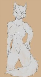 abs anthro athletic athletic_female big_breasts breasts canid canine cryphalen eye_patch eyewear female fox hand_on_hip hi_res looking_at_viewer mammal muscular muscular_female pubes smile solo