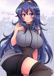 1girls alternate_costume ass bare_arms bare_thighs big_ass blue_eyes blue_hair breasts female female_only fire_emblem fire_emblem_awakening hand_on_own_chest large_breasts long_hair looking_at_viewer lucina_(fire_emblem) nintendo shorts sleeveless smile solo sugarbell thighhighs thighs tiara very_long_hair