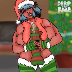 1futa artist_upload balls biceps black_claws black_hair black_lips blue_eyes blue_hair bottomless bow breasts christmas christmas_clothing christmas_outfit christmas_tree claws clothed clothing covered_penis demon demon_futa demon_futanari demoness derpfacensfw dyed_hair ear_piercings erection eyelashes fingerless_gloves futa_only futanari hi_res high_res high_resolution huge_cock humanoid_penis karla_(derpfacensfw) leaking_cum leaking_precum leaking_through_clothes leaking_through_clothing masturbation muscle_futanari muscle_girl muscular_futa original original_character partially_clothed penis penis_wrap piercings precum red_skin santa_hat self_upload signature skimpy_clothes skull_necklace solo spiked_ears spiky_ears standing striped_gloves striped_socks striped_thigh_highs striped_thighhighs television thigh_high_socks thigh_highs thighhigh_socks thighhighs tv two-handed_masturbation wrapped_penis wrapping_paper