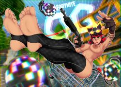 black_hair eye_shadow eyewear_on_head feet feet_focus feet_together feiskyoko fortnite fortnite:_battle_royale green_eyes looking_at_viewer medium_breasts renegade_lynx stirrup_legwear tail tattooed_arm tattoos thigh_highs two_tone_hair