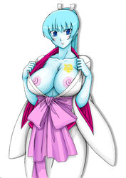 1girls aoi_(gegege_no_kitarou) blue_hair blue_skin blush breasts erect_nipples exhibitionism eyebrows_visible_through_hair female gegege_no_kitarou humanoid japanese_clothes large_breasts nemo_(artist) open_clothes smile tagme tattoo white_background white_skin yokai yuki_onna