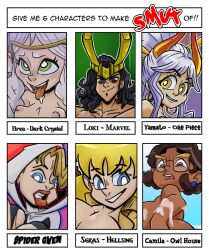 1boy 5girls black_hair blonde blonde_hair camila_noceda color colored dark-skinned_female dark_skin darkstar_(artist) disney disney_channel female hellsing latina latina_female latina_milf light-skinned_female light-skinned_male light_skin loki_(marvel) male marvel marvel_comics milf one_piece spider-gwen tagme the_owl_house unknown_character white_hair yamato_(one_piece)