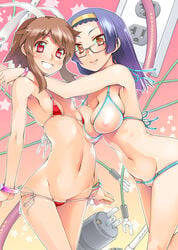 aresta_blanket armpits arrester_blanket asaki_takayuki asymmetrical_docking big_breasts bikini blunt_bangs bracelet breast_press breasts brown_hair fight_ippatsu!_juuden-chan!! fight_ippatsu_juuden-chan flat_chest glasses hairband jewelry large_breasts long_hair lowleg lowleg_bikini micro_bikini multiple_girls navel nipples payot pink_eyes plug_cryostat purple_hair pussy_peek red_eyes see-through short_hair side-tie_bikini small_breasts string_bikini swimsuit