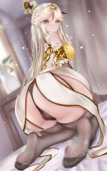 ass bare_shoulders black_panties black_thighhighs blurry blush bokeh breasts chinese_clothes depth_of_field detached_sleeves dress feet feet_visible_through_clothing female from_behind full_body fur_collar fur_trim garter_straps genshin_impact hair_ornament hair_stick hairpin hand_in_own_hair highres huge_ass indoors kamue kneeling large_breasts light_particles long_hair looking_at_viewer ningguang_(genshin_impact) no_shoes panties parted_bangs red_eyes saliva sidelocks soles solo solo_female steaming_body tassel tassel_hair_ornament thick_thighs thighhighs thighs toes underwear v-shaped_eyebrows very_long_hair wet wet_clothes wet_stockings white_dress white_hair