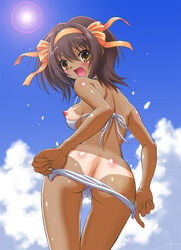 1girls artist_request ass bikini blush breasts cameltoe dark_skin female harukaze_soyogu nipples panties_around_leg panties_down suzumiya_haruhi suzumiya_haruhi_no_yuuutsu swimsuit tan tanline