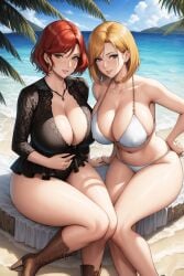 2girls ai_generated bare_legs beach big_breasts bikini black_lingerie blue_eyes blush bob_cut boots breasts breasts_bigger_than_head choker cleavage collar commentary_request curvaceous curvy earrings female female_only hair_between_eyes hand_on_hip high_heels hourglass_figure huge_breasts lace leather_boots lia_the_busty_redhead lingerie looking_at_viewer makeup medium_hair milf mommy nipples_visible_through_clothing oc original original_characters outercourse outside seductive seductive_look seductive_smile see-through see-through_clothing self_upload short_hair sitting tagme thick_thighs thighs voluptuous voluptuous_female water white_bikini white_body white_skin