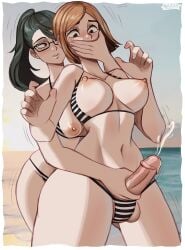 1futa 1girls balls beach belly_button big_breasts big_penis bikini blush blush_lines breasts breasts_out brown_hair climax clothed clothing covering_another's_mouth covering_mouth cum cumming cumshot duo erected_penis erection female female_on_futa futanari gag gagged glasses green_hair hand_gagged hand_over_another's_mouth hand_over_mouth handgag handjob hands_up human jujutsu_kaisen kugisaki_nobara light-skinned_female light-skinned_futanari light_skin looking_at_own_penis magaska19 medium_breasts mostly_nude navel nipples outside_sex penis ponytail small_waist striped_bikini swimsuit testicles thick_thighs thighs two_piece_swimsuit upper_body zenin_maki