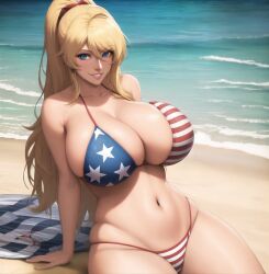 1girls ai_generated american_flag_bikini beach big_breasts bikini blonde_hair blue_eyes breasts curvaceous curvy_body curvy_female ear_piercing earrings eyes female female_only huge_breasts jewelry laying_back light-skinned_female light_skin long_hair looking_at_viewer mary(shawntheimmortal942) original original_character ponytail shawntheimmortal942 smiling solo stable_diffusion thick thick_thighs water white_teeth wide_hips