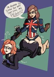 2girls anal anal_sex avengers biting_lip black_widow_(marvel) bodysuit bottomless british_female british_flag brown_hair captain_carter catsuit cleavage clenched_fist clenched_hand clothed_sex dialogue doggy_style doggystyle enjoyment fake_penis female female_only fist_clenched gloves gritted_teeth human human_only kneeling lesbian_sex light-skinned_female light_skin long_hair marvel marvel_cinematic_universe multiple_girls natasha_romanoff orange_hair peggy_carter plap_(sound) red_hair ripped_clothing sex short_hair strap-on torn_clothes vaporkiddd what_if...? yuri