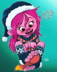 20th_century_fox 20th_century_studios 4_toes boob_window christmas christmas_outfit confident dark_blue_clothing disembodied_penis dreamworks feet_focus feet_on_penis footjob footjob_with_legwear gradient_background happy_female one_breast_out penis pink_hair pink_skin poppy_(trolls) precum toeless_legwear troll trolls_(film) trolls_band_together trolls_world_tour ugly_sweater universal_studios