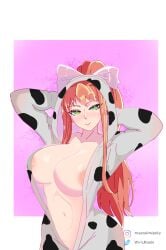 1girls areola_slip big_breasts breasts brown_hair cow_print doki_doki_literature_club female female_only green_eyes hair_ribbon long_hair looking_at_viewer monika_(doki_doki_literature_club) onesie ribbon smile solo solo_female white_ribbon wirichiroga wiricmisaki