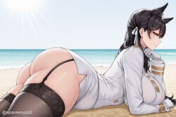 1girl ai_generated animal_ears ass atago_(azur_lane) azur_lane beach black_hair black_thighhighs blue_sky blush breasts closed_mouth covered_nipples day extra_ears from_side garter_straps gloves hair_ribbon head_rest jacket large_breasts long_hair long_sleeves looking_at_viewer lying military military_uniform miniskirt mole mole_under_eye ocean on_stomach outdoors ribbon sand skindentation skirt sky smile solo thick_thighs thighhighs thighs twitter_username underbutt uniform white_gloves white_ribbon