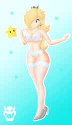 blonde_hair bra crown female garter garter_straps hair_over_one_eye high_heels human lingerie long_hair luma magnus-bowser mario_(series) nail_polish nintendo panties princess_rosalina see-through straight_hair super_mario_galaxy thighhighs underwear