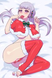 1girls anal_insertion anus big_breasts black_clover blush breasts buttplug christmas condom condom_wrapper feet hi_res hito_clover large_breasts laying_down looking_at_viewer nipples no_bra noelle_silva purple_eyes pussy silver_hair thick_thighs thighhighs thighs twintails