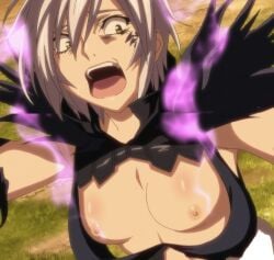 1girls breast_reduction breasts breasts_shrinking female female_only manyuu_hikenchou manyuu_kagefusa nipples open_mouth pale_skin screenshot shocked shocked_expression short_hair small_breasts solo topless topless_female