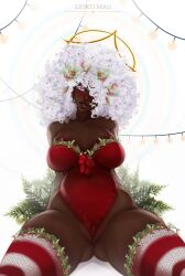 1girls absurd_res afro artist_name blush christmas christmas_lights dark-skinned_female dark_skin female female_only hair_over_one_eye legwear liokko_mao looking_at_viewer mistletoe_hair_ornament purple_eyes pussy_floss smiling smiling_at_viewer solo suit thick_thighs white_background white_hair