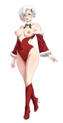 1girls angry bare_legs bare_shoulders blue_eyes boots breasts breasts_out center_opening christmas covered_navel female female_only frown full_body high_heels lainart large_breasts legs leotard long_sleeves looking_at_viewer nipples open_mouth rwby short_hair shoulders smile solo standing white_hair winter_schnee