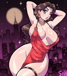 1girls 2d blue_eyes breasts brown_hair busty dress female female_only front_view light-skinned_female light_skin mario_(series) nintendo one_eye_closed pauline red_dress samario solo solo_female tagme thighs