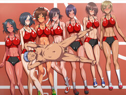 1boy 6+girls 7girls athletic black_hair blonde_hair blue_eyes blush booty_shorts breasts brown_eyes brown_hair censored closed_eyes dark-skinned_female dark-skinned_male dark_skin erect_nipples erect_nipples_under_clothes fancy-studio fat_man female glasses green_eyes hat jikan_teishi_shite_yaritai_houdai male midriff multiple_girls naked old_man original_character penis pink_eyes pubic_hair purple_hair red_eyes shoes short_hair sports_bikini sports_bra sportswear time_stop track track_uniform ugly_bastard ugly_man white_skin yellow_eyes