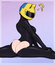 1girls afrobull ass ass_cleavage ass_cutout ass_focus big_ass black_bodysuit bodysuit bubble_butt butt_crack celty_sturluson dullahan durarara!! female helmet human humanoid motorcycle_helmet motorcycle_suit question_mark skin_tight skin_tight_suit solo solo_female splits torn_bodysuit torn_clothes torn_clothing torn_legwear torn_pants